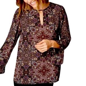 J. Jill top paisley keyhole tulip sleeve blouse brown purple XS